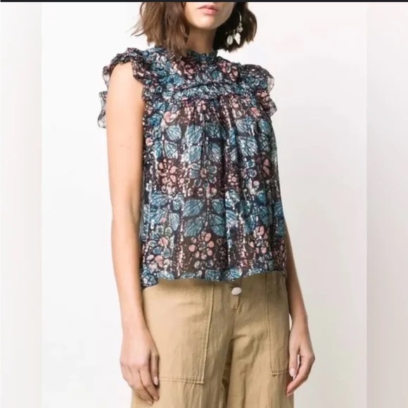 Ulla Johnson Blue and Black Floral Nicola Blouse - Picture 2 of 6